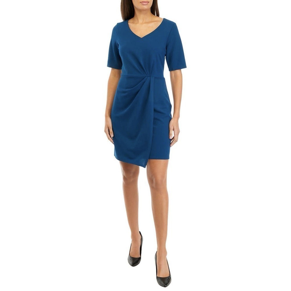 AGB Short Sleeve V-Neck Side Ruched Scuba Crepe Sheath Dress Size 14 Teal